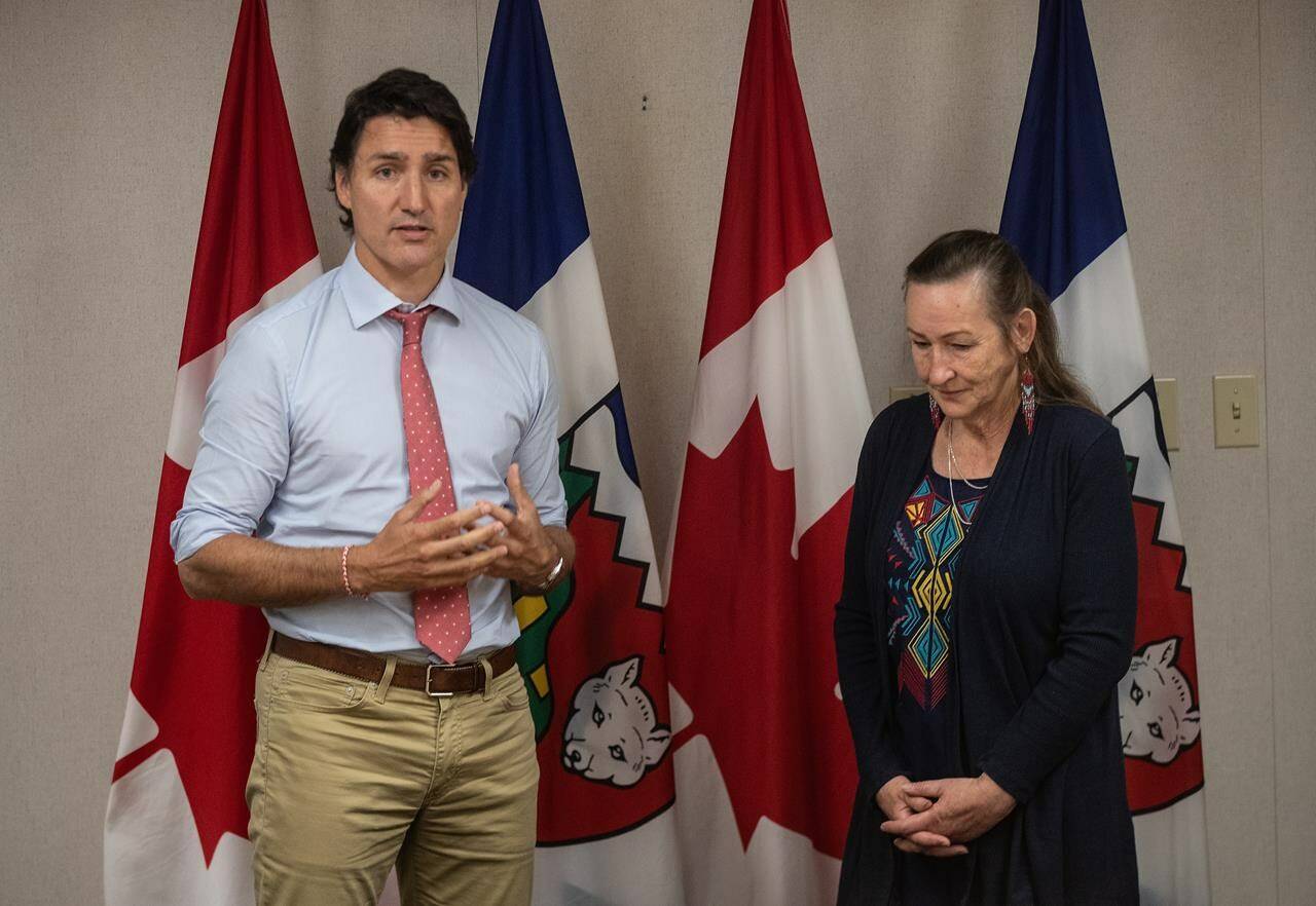 Prime Minister Justin Trudeau and N.W.T. premier Caroline Cochrane meet in Edmonton, Alberta on Saturday, August 26, 2023. THE CANADIAN PRESS/Jason Franson