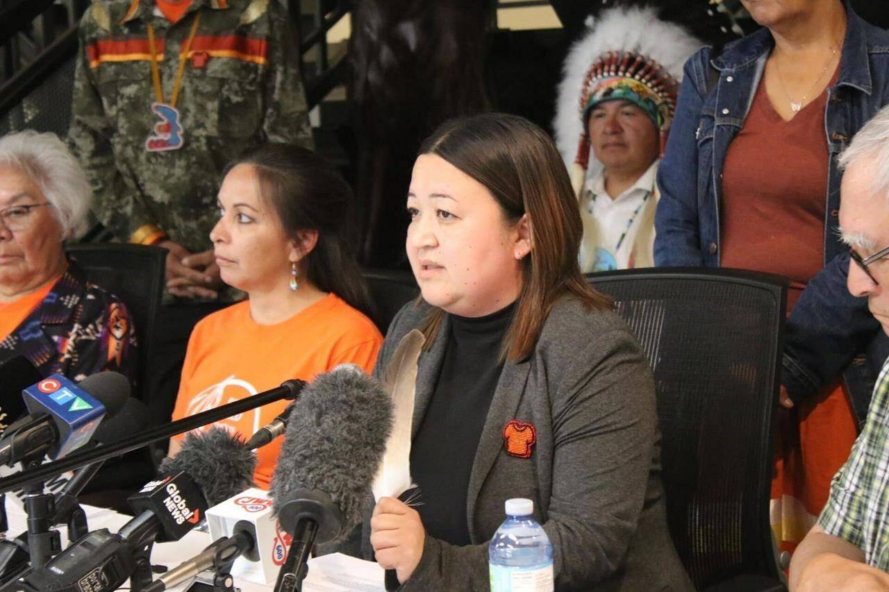 English River First Nation Chief Jenny Wolverine, centre, says it’s believed 79 areas at the Beauval Indian Residential School could be the size of possible children’s graves and 14 are the size of infants, Saskatoon, Wednesday, August 29, 2023.THE CANADIAN PRESS/Kelly Geraldine