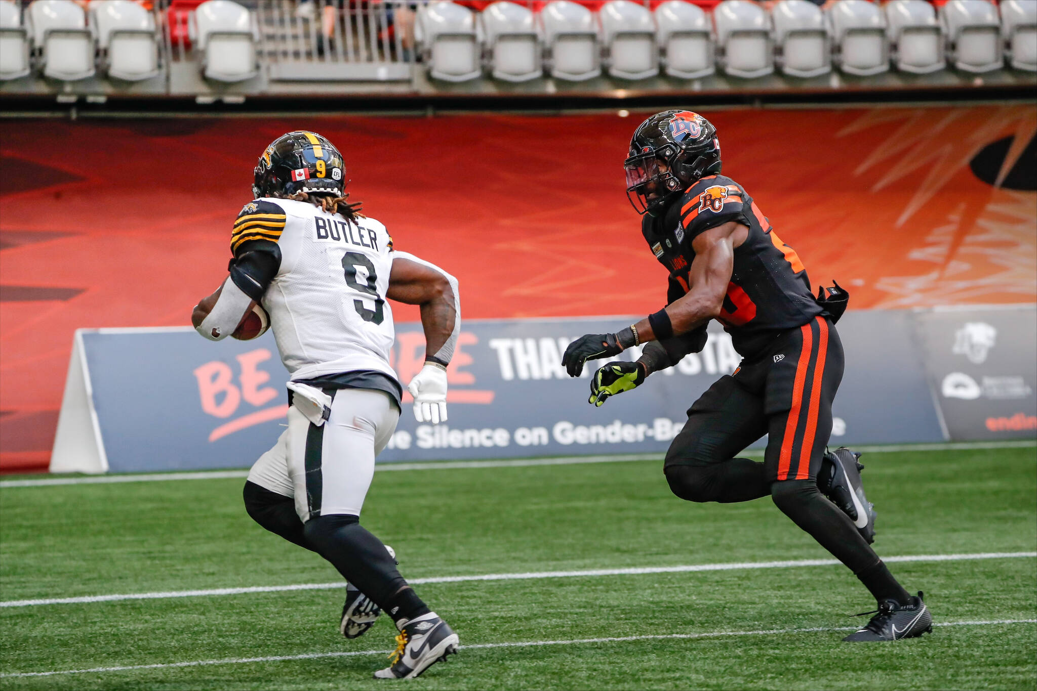 Former Lions James Butler scores one of his two touchdowns in helping the Hamilton Tiger-Cats beat the B.C. Lions 30-13 Aug. 26 at BC Place Stadium. Photo Steven Chang, B.C. Lions