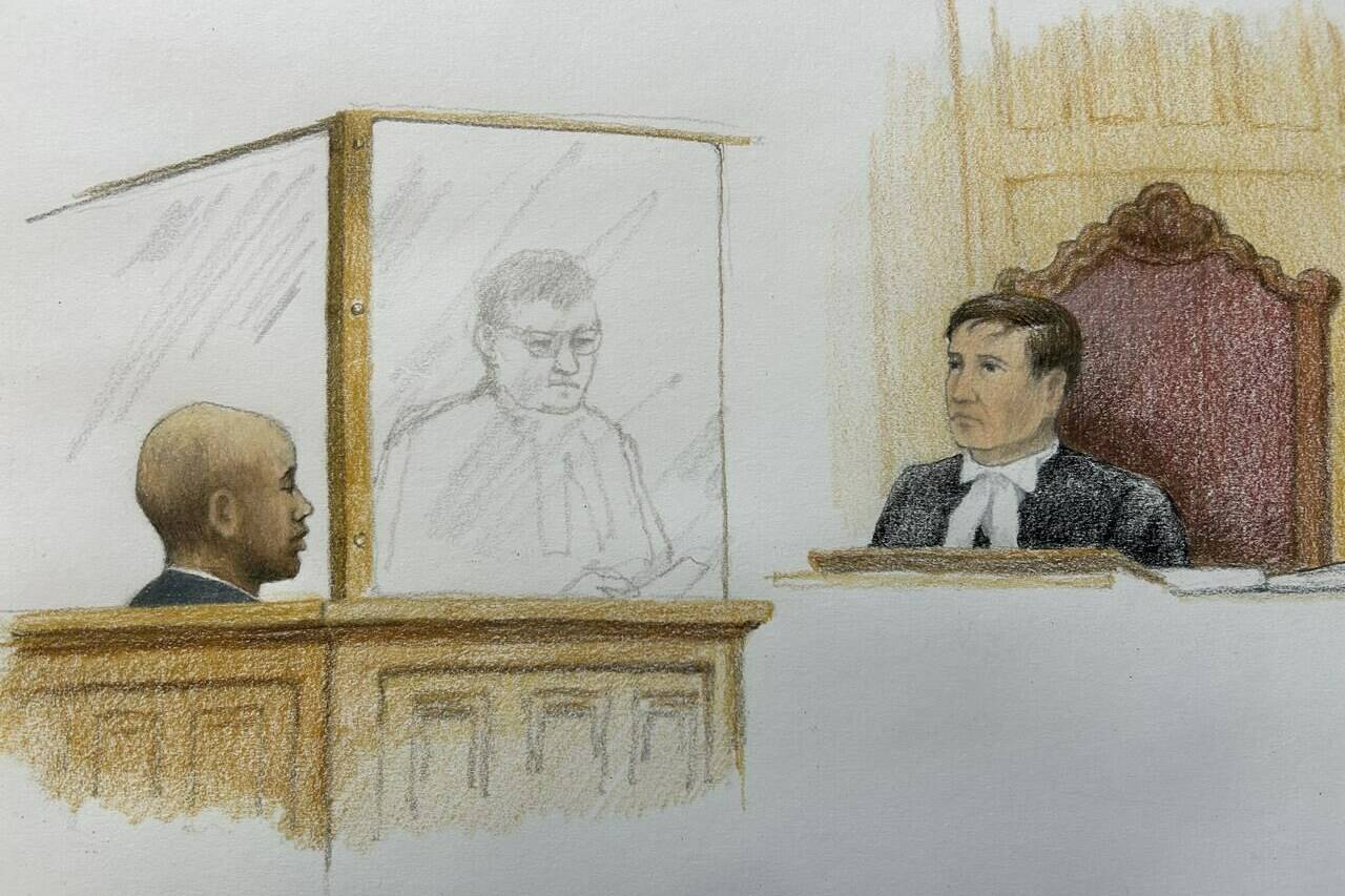 Yannick Bandaogo (left) appears in court before Justice Geoffrey Gaul in New Westminster, B.C. on Monday, May 29, 2023 in this artist’s sketch. THE CANADIAN PRESS/Jane Wolsak