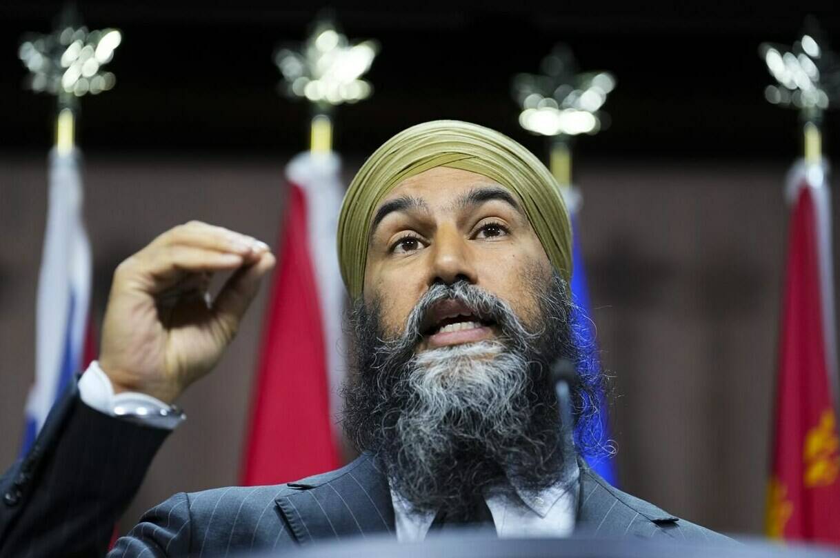 NDP leader Jagmeet Singh speaks during a press conference on Parliament Hill in Ottawa, Tuesday, June 13, 2023. THE CANADIAN PRESS/Sean Kilpatrick