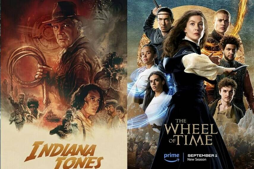 This combination of photos shows promotional art for the ”Indiana Jones and the Dial of Destiny,” a film available on video-on-demand on Aug. 29, center, and “The Wheel of Time,” a fantasy series returning for a second season on Sept. 1. (Starz/Lucasfilm/Amazon Prime via AP)