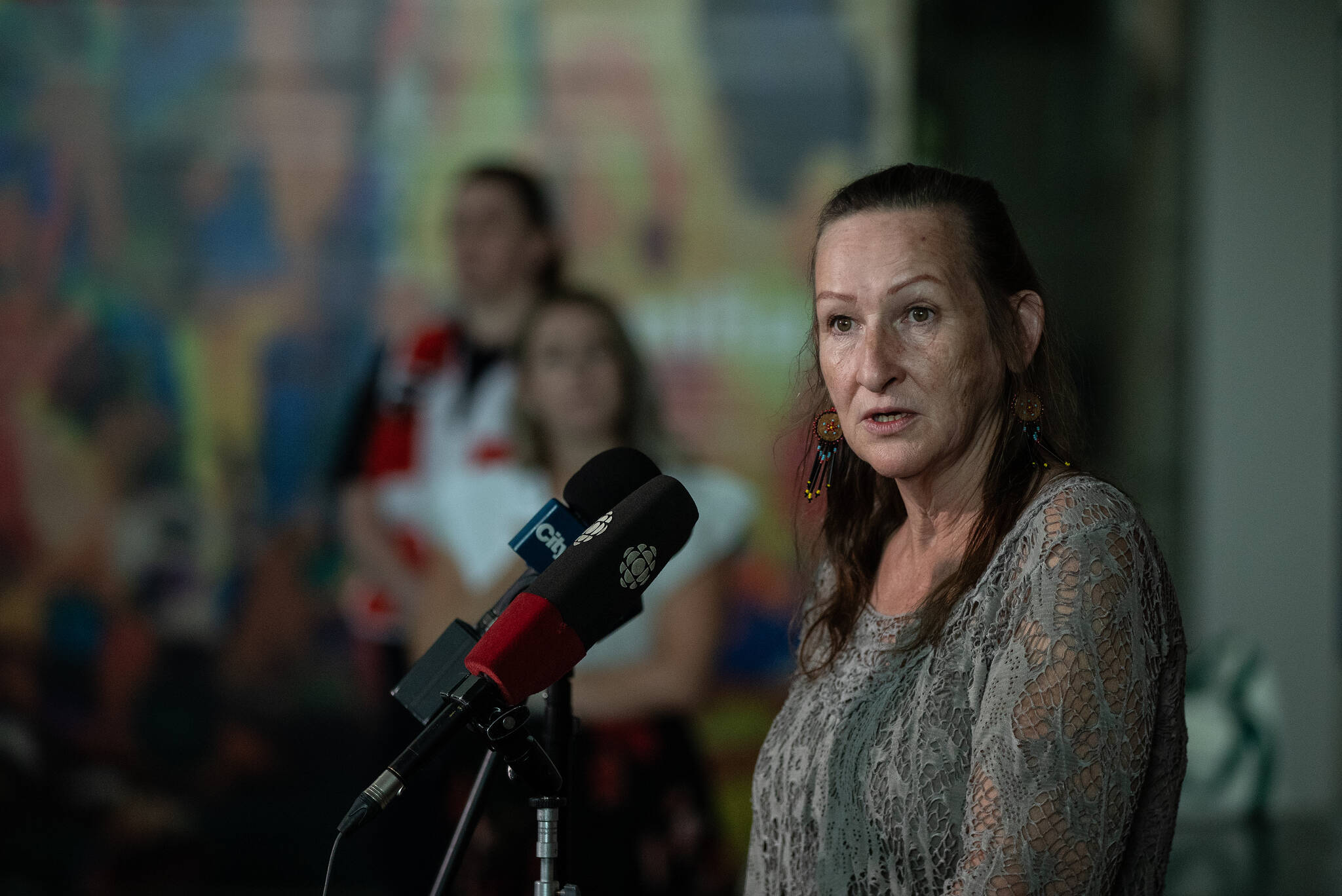 Premier of the Northwest Territories Caroline Cochrane, speaks on the wildfire situation after visiting evacuees in Edmonton Alberta, on Wednesday August 30, 2023. THE CANADIAN PRESS/Jason Franson.