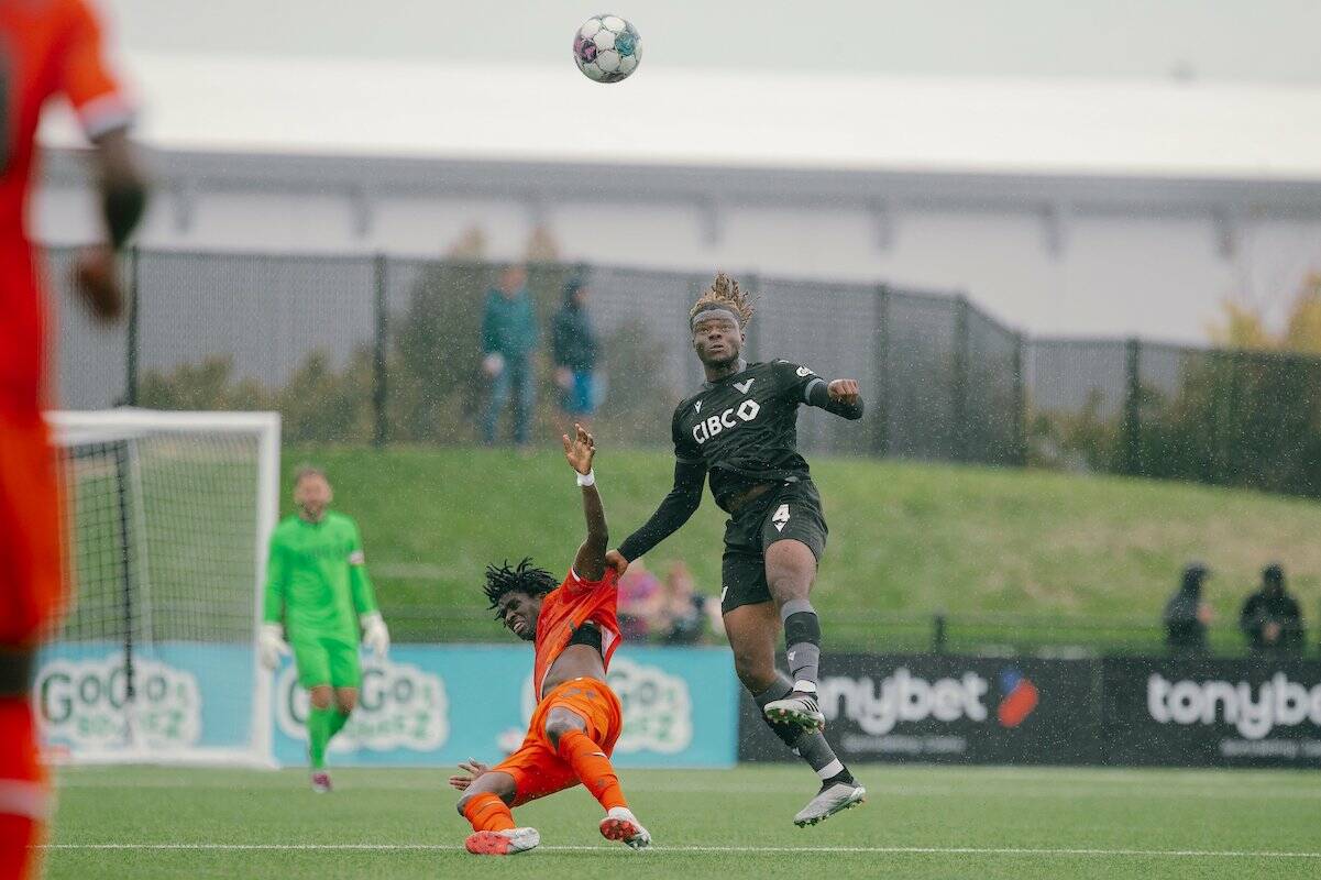 Vancouver FC defender Ibrahim Bakare, in action during the Sunday, Sept. 3, game that saw Forge FC pick up a 3-0 win at Langley’s Willoughby Community Park. (VFC/Special to Langley Advance Times)