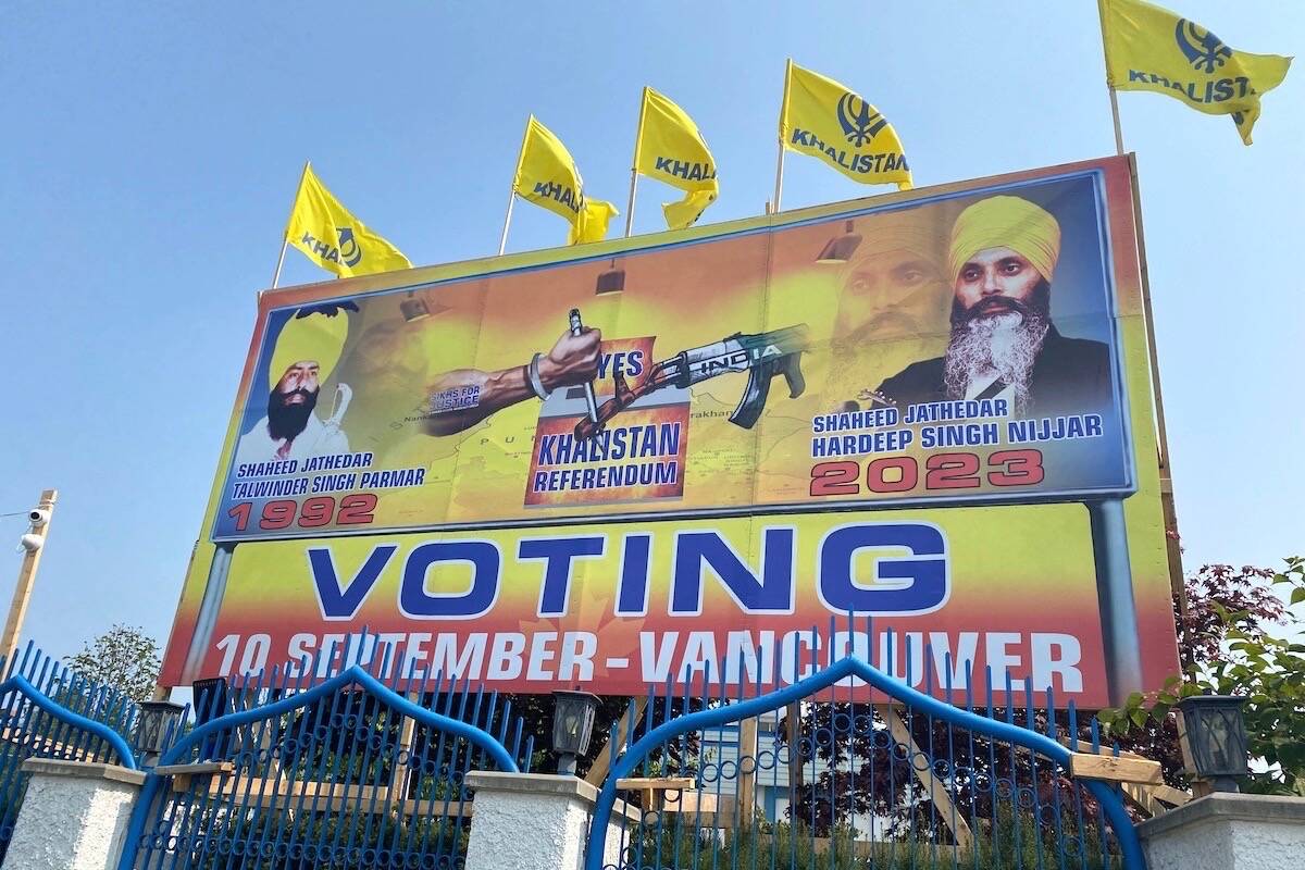 Billboard related to Khalistan referendum vote outside Guru Nanak Gurdwara in Surrey. (File photo: Tom Zillich)