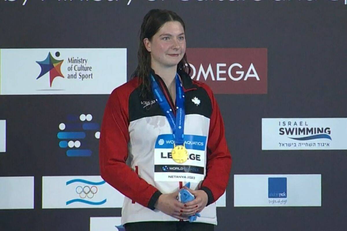 Alexanne Lepage on top of the podium after winning gold in the 100 metre breaststroke race at the 2023 World Junior Swimming Championships, held in Netanya, Israel. (Contributed)