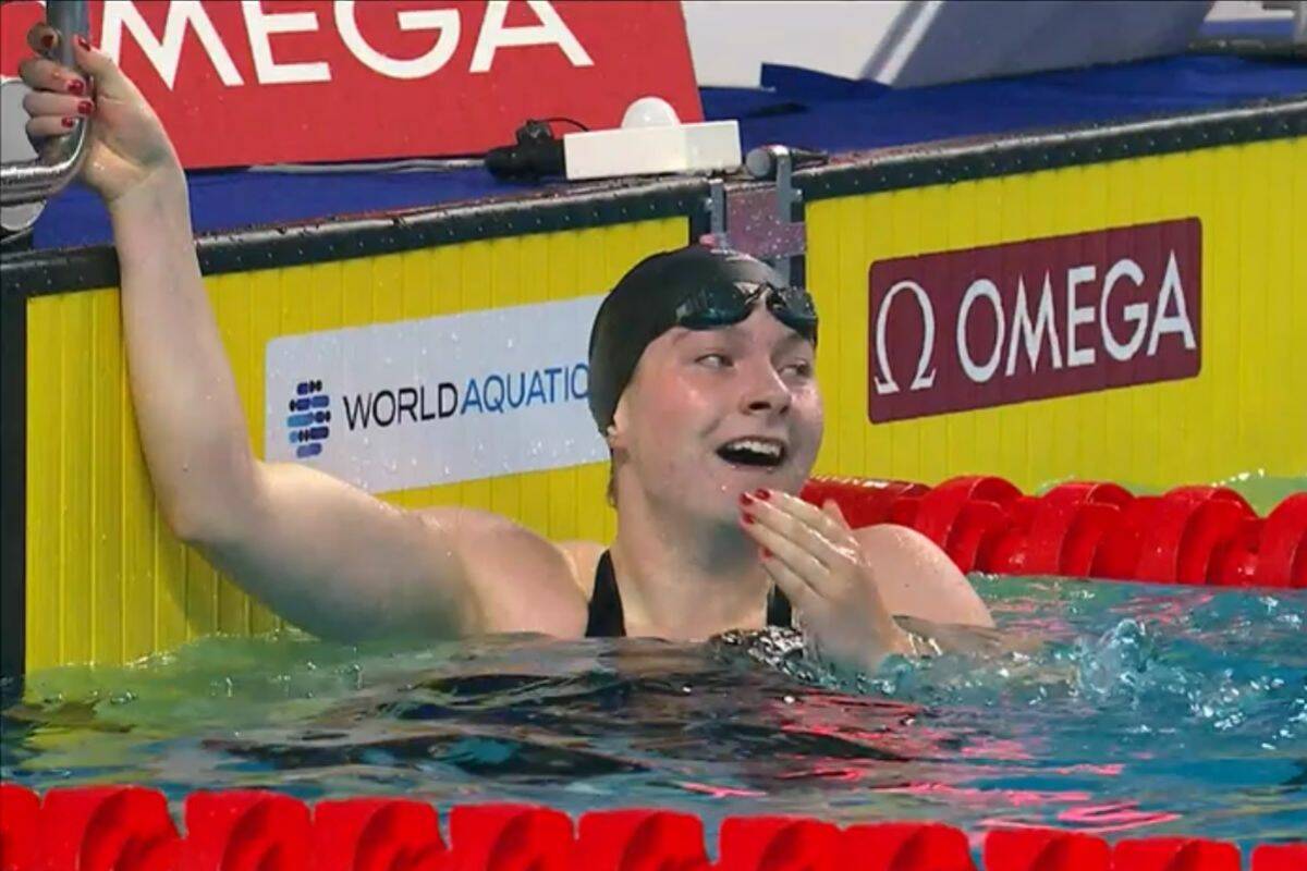 Alexanne Lepage reacts after touching the wall first in the 100-metre breaststroke competition at the 2023 World Junior Swimming Championships, held in Netanya, Israel. (Contributed)