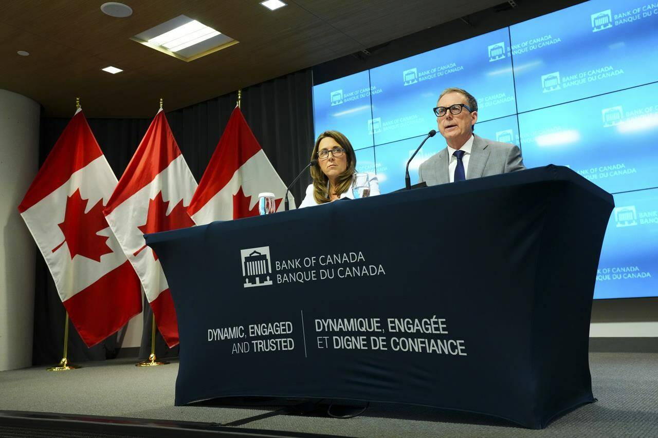 Bank of Canada Governor Tiff Macklem and Senior Deputy Governor Carolyn Rogers hold a press conference at the Bank of Canada in Ottawa, Wednesday, July 12, 2023. THE CANADIAN PRESS/Sean Kilpatrick