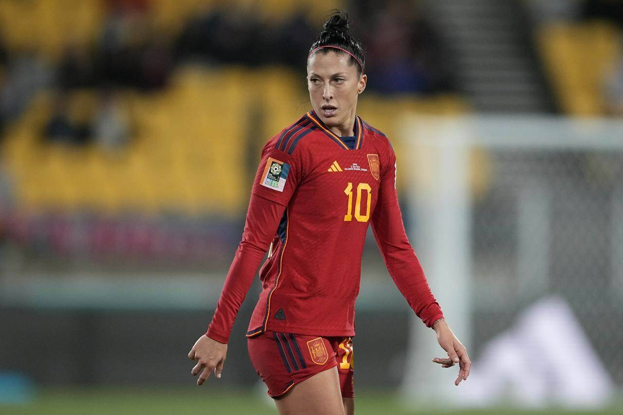 FILE - Spain’s Jennifer Hermoso reacts after missing a scoring chance during the Women’s World Cup Group C soccer match between Japan and Spain in Wellington, New Zealand, Monday, July 31, 2023. Spanish state prosecutors say soccer player Jenni Hermoso has accused Luis Rubiales of sexual assault for kissing her on the lips without her consent after the Women’s World Cup final. (AP Photo/John Cowpland, File)