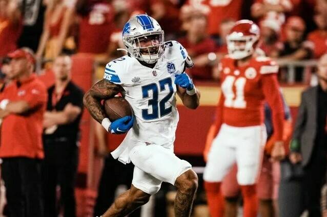 Defensive back Brian Branch of the Detroit Lions runs back an interception for a touchdown against the Kansas City Chiefs in Kansas City. The Lions beat the Chiefs 21-20 in the NFL season-opener on Thursday night. Photo courtesy Jeff Nguyen / Detroit Lions.
