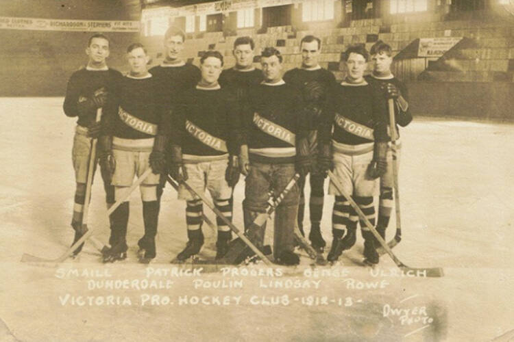Victoria Pros, with Lester Patrick, back row, second from the left, in the Patrick Arena in Oak Bay, circa 1913. (Craig Bowlsby Collection - Black Press file)