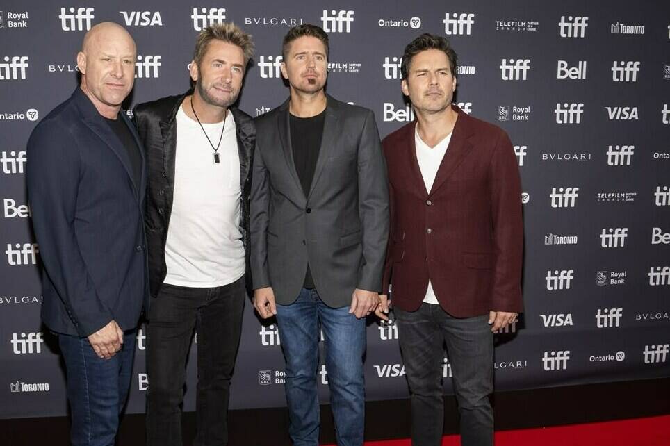 Nickelback band members, left to right, Michael Kroeger, Chad Kroeger, Daniel Adair and Ryan Peake pose for a photograph on the red carpet for the movie "Hate to Love: Nickelback” at the Toronto International Film Festival in Toronto, Friday, Sept. 8, 2023. THE CANADIAN PRESS/Andrew Lahodynskyj