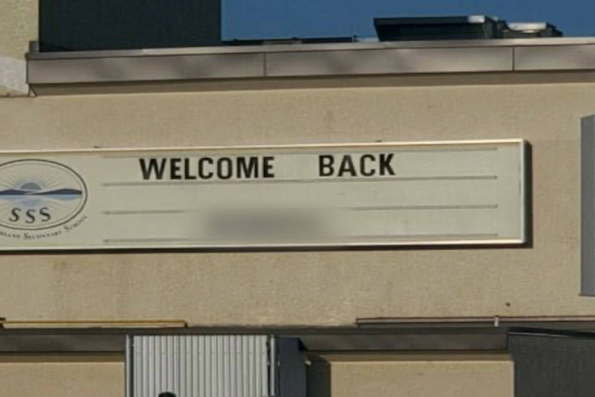 An anti-Black slur was added underneath the words Welcome Back at the Summerland Secondary School sign. The slur has been blurred in this photo. The incident occurred overnight Sept. 9 to 10 and the vandalism was removed on the morning of Sept. 10. (Photo by Toni Boot)