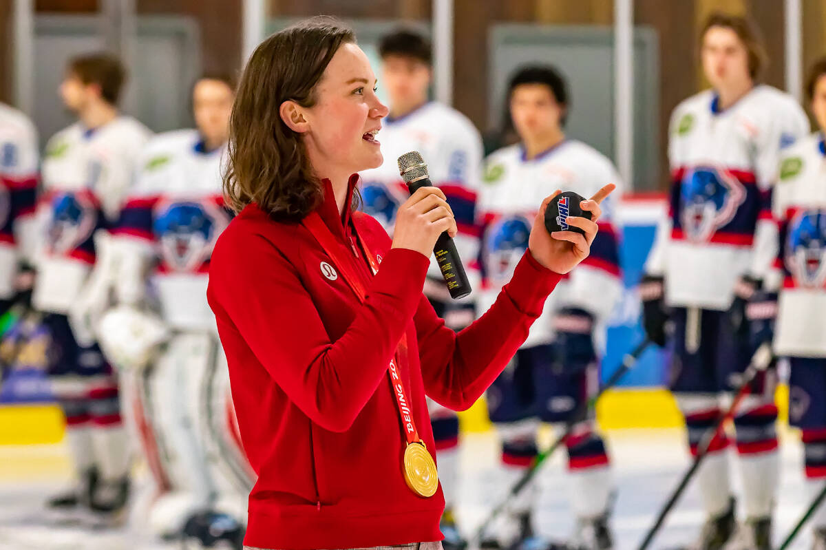 Micah Zandee-Hart, who played her minor hockey on the Saanich Peninsula before winning gold at the 2022 Bejing Winter Olympics in women’s hockey playing for Team Canada, addresses the crowd during a 2022 Peninsula Panthers game. (Christian J. Stewart Photography file photo)
