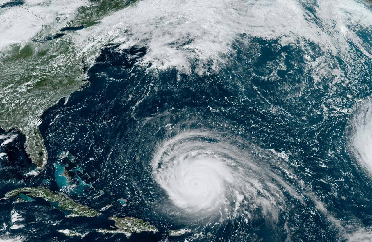 This satellite image provided by CIRA/NOAA shows hurricane Lee in the Atlantic Ocean on Monday, September 11, 2023. The Canadian Hurricane Centre says hurricane Lee could make landfall this weekend anywhere from Maine to southeastern Nova Scotia. THE CANADIAN PRESS/HO-CIRA/NOAA