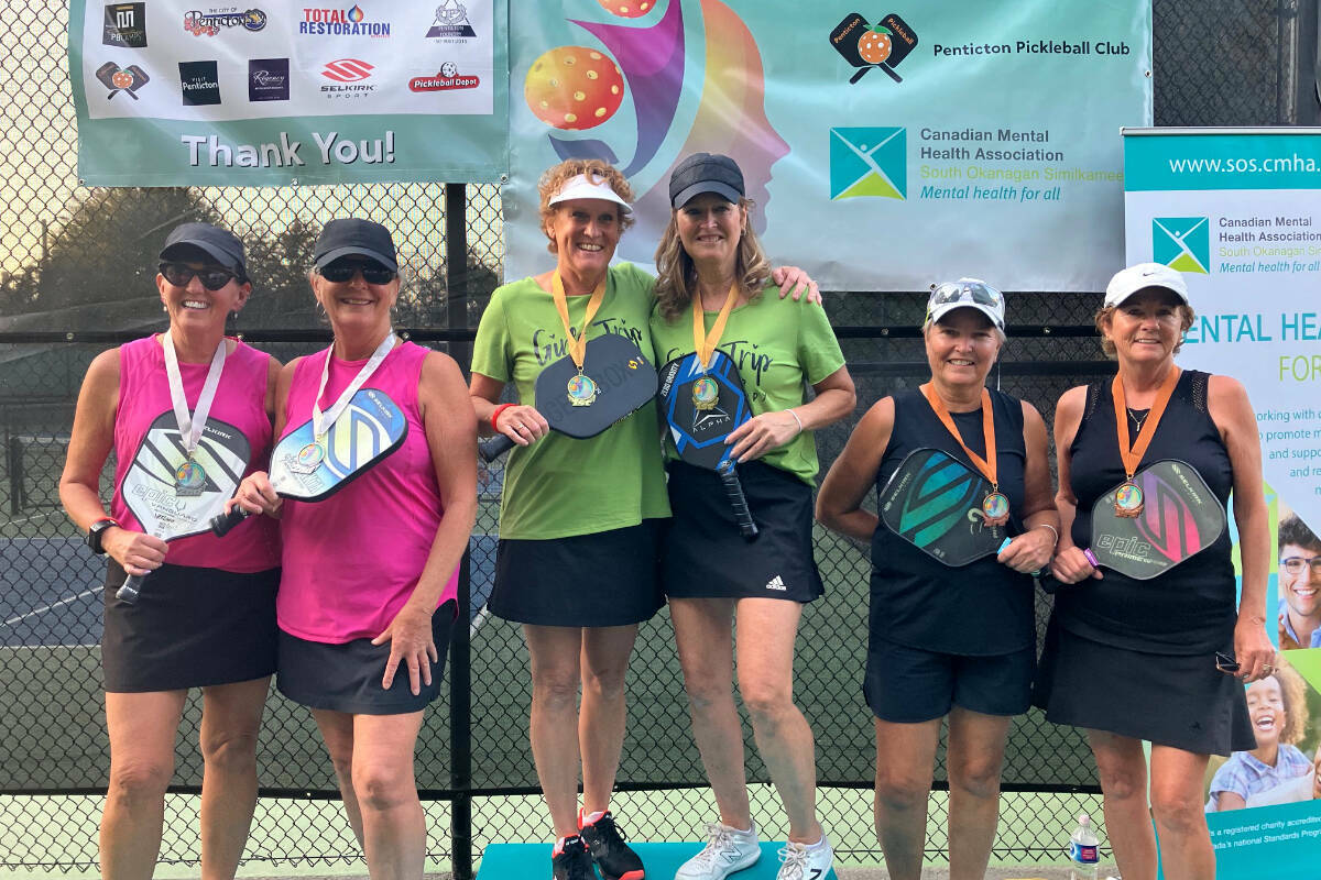 The medal winners of women’s doubles at the Canadian Mental Health Associations’ Penticton charity pickleball tournament in September 2022. Taking top spot were Lois Neu and Leah Currie of North Vancouver, Silver went to Jeannie Lister and Lori Needham of Penticton and Bronze to Donna Hammerquist and Leanne Barnes also of Penticton. (Submitted File photo)