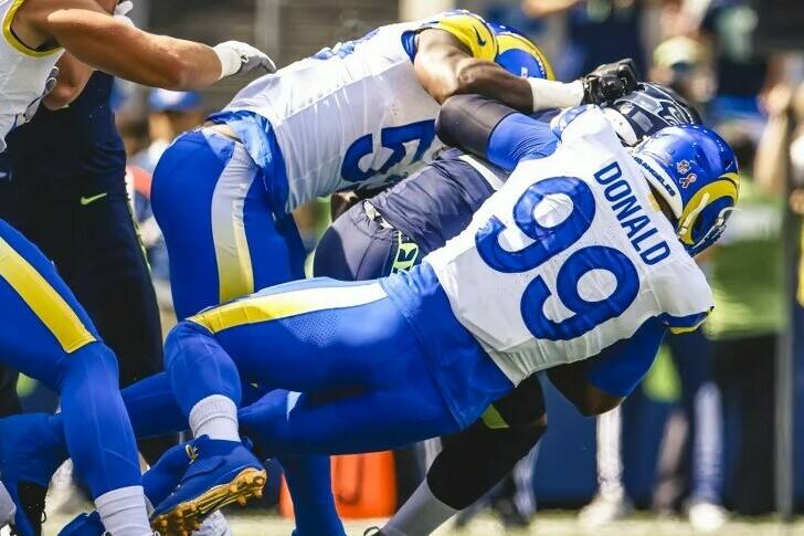 Aaron Donald (98) and the Los Angeles Rams swallowed up the Seattle Seahawks on Sunday in Seattle winning by a 30-13 margin. photo courtesy Brevin Townsell, L.A. Rams