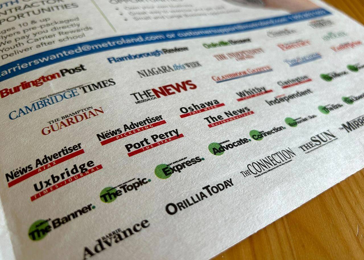 Metroland Media Group plans to end the print editions of its community newspapers and will exit the flyer business as it seeks protection under the Bankruptcy and Insolvency Act as part of a restructuring plan. Logos of Metroland Media community newspapers are seen on a flyer, in Mississauga, Ont., Friday, Sept. 15, 2023. THE CANADIAN PRESS/Megan Leach
