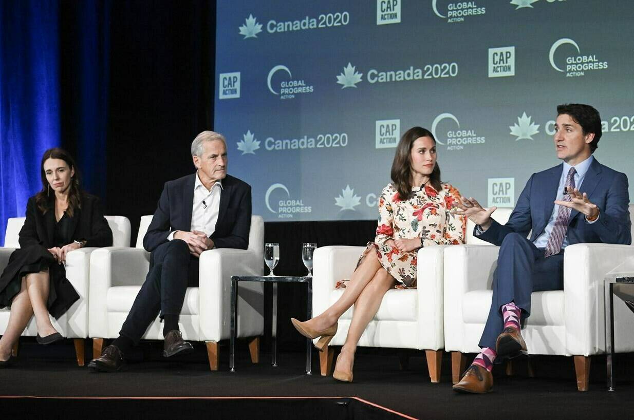 Prime Minister Justin Trudeau, right, takes part in a leaders panel discussion with, from left, Jacinda Ardern, Former Prime Minister of New Zealand, Jonas Gahr Store, Prime Minister of Norway and Sanna Marin, Former Prime Minister of Finland, at the Global Progress Action Summit in Montreal, Saturday, September 16, 2023. THE CANADIAN PRESS/Graham Hughes