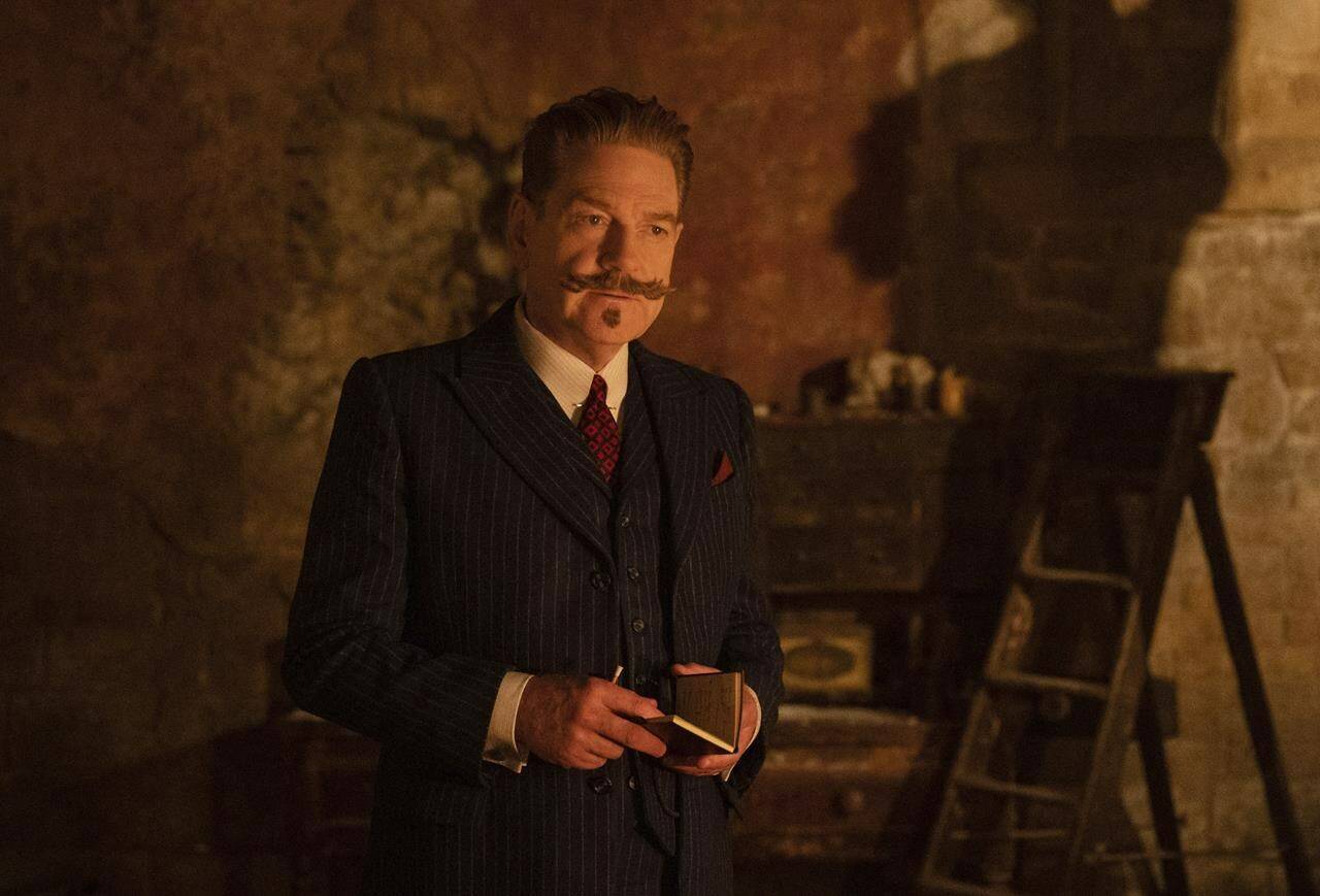 This image released by 20th Century Studios shows Kenneth Branagh as Hercule Poirot in a scene from "A Haunting in Venice." (20th Century Studios via AP)