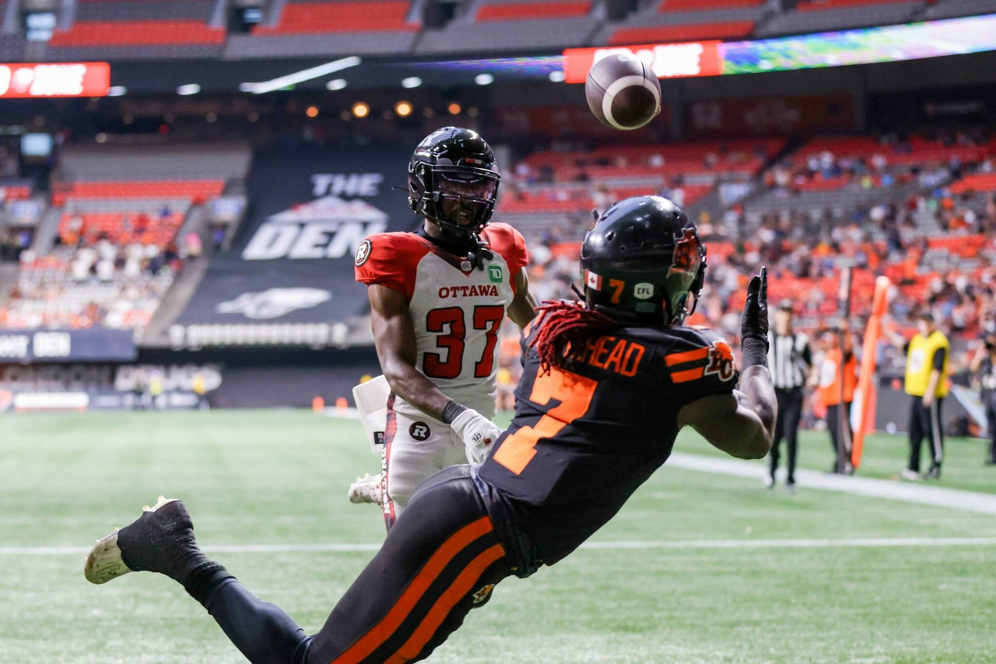 Lucky Whitehead of the B.C. Lions hauls in the game winning touchdown against the Ottawa Redblacks while Ottawa’s Brandin Dandridge can only watch. Steven Chang photo, BC LIONS