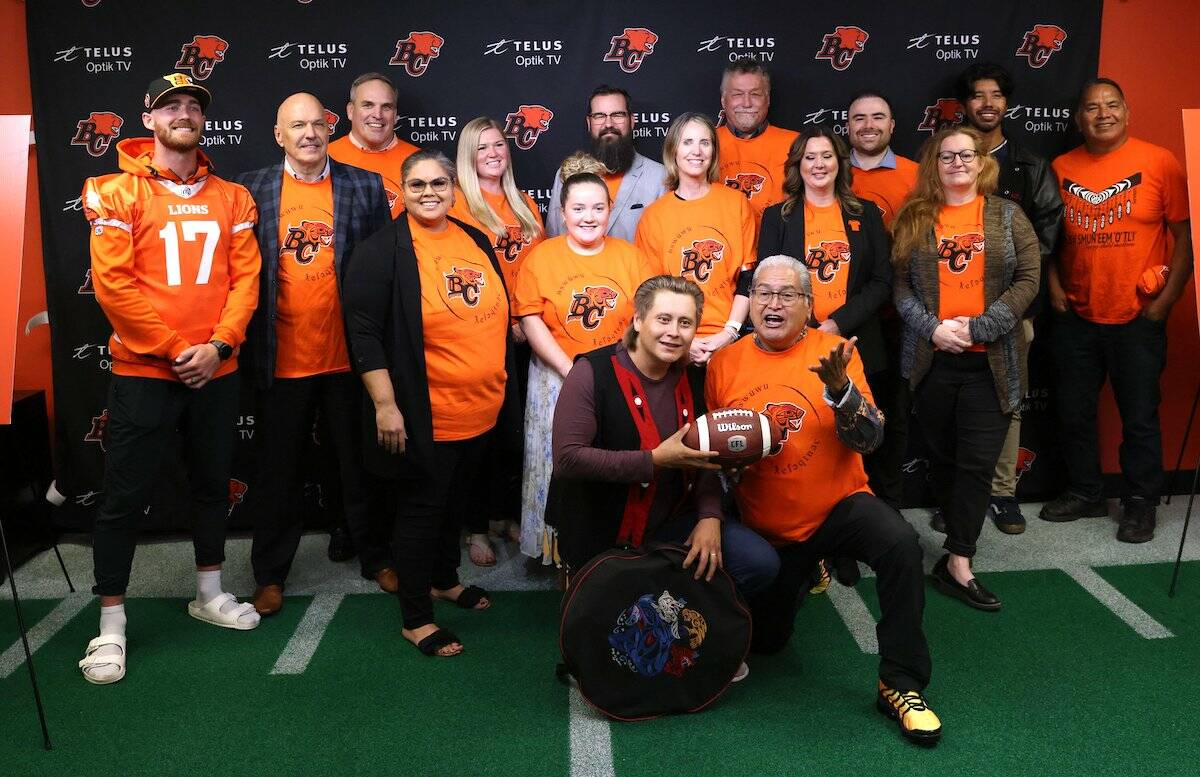 BC Lions reps, sponsors and special guests at an Orange Shirt Day Game launch event Tuesday, Sept. 19, at the CFL team’s training facility in Surrey. (Contributed photo)