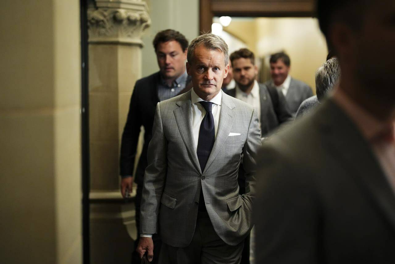 Labour and Seniors Minister Seamus O’Regan arrives to a Liberal caucus meeting on Parliament Hill in Ottawa on Wednesday, Sept. 20, 2023. The Atlantic Liberal caucus is slamming the Conservative Party for opposing new legislation that would extend the Atlantic accords to include renewable energy and not fossil fuels.THE CANADIAN PRESS/Sean Kilpatrick