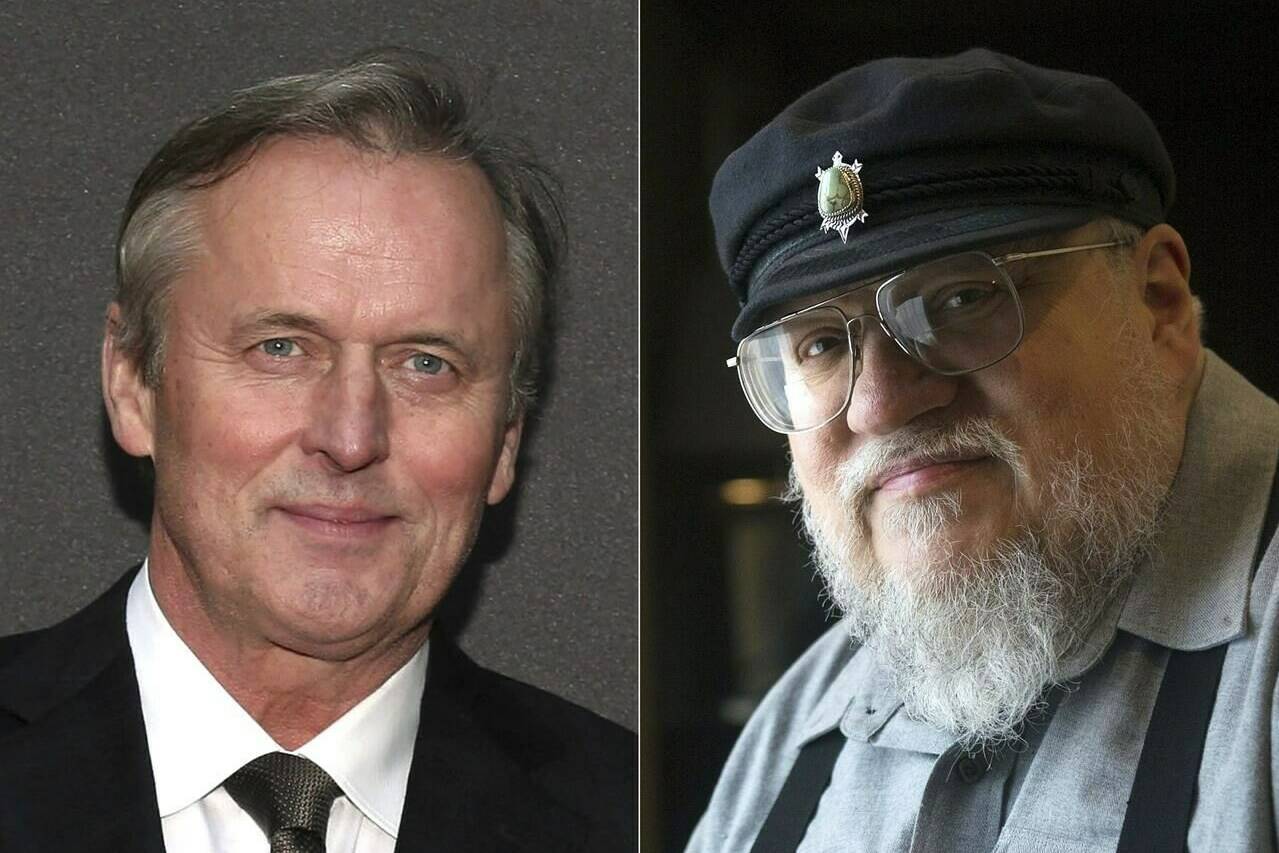 Author John Grisham appears at the opening night of “A Time To Kill” on Broadway in New York on Oct. 20, 2013, left, and author R.R. Martin appears in Toronto on March 12, 2012. Grisham and Martin are among 17 authors suing OpenAI for “systematic theft on a mass scale.” Their suit was filed Tuesday in New York and is the latest in a wave of legal action by writers concerned that AI programs are using their copyrighted works without permission. (AP Photo)