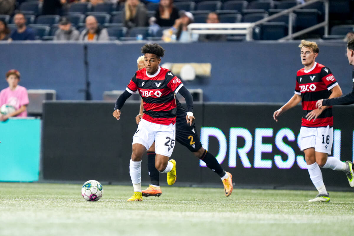 Maple Ridge’s T.J. Tahid, 16, (with the ball) scored the lone goal in Wednesday night’s game between his Vancouver FC soccer team and hosting Valour FC in Winnipeg. (CPL/Special to Langley Advance Times)