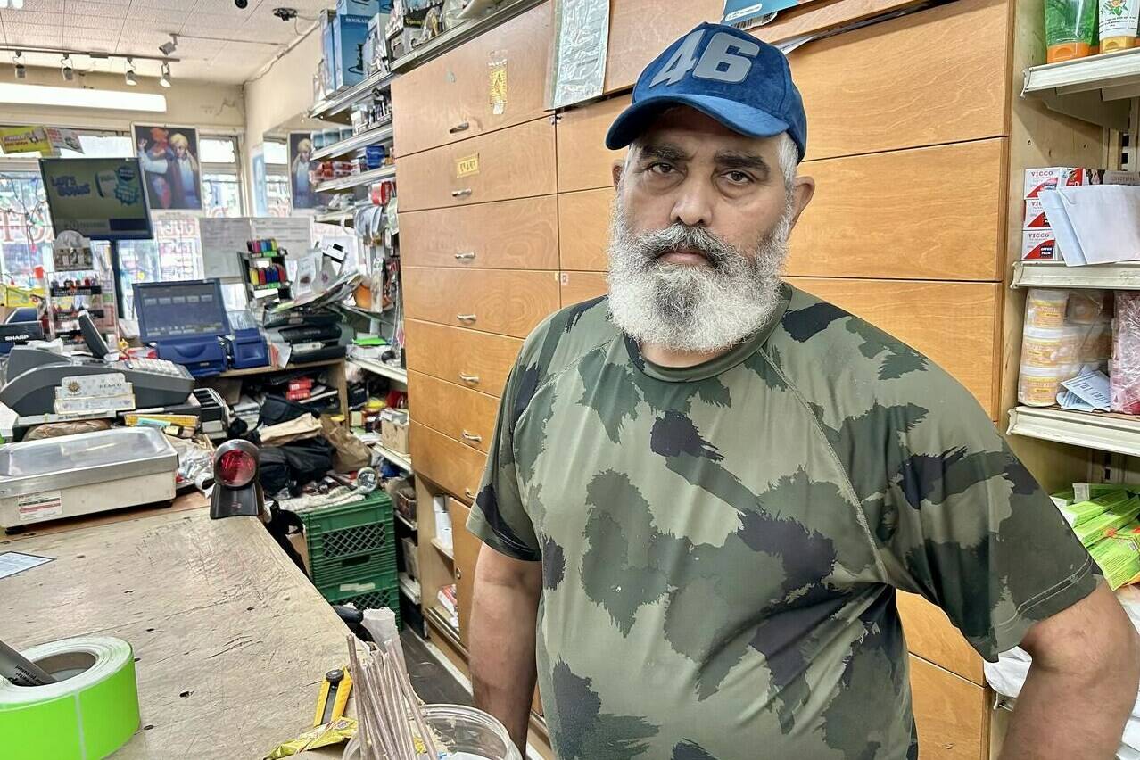 Montrealer Sukhwinder Dhillon says he was planning to visit his birthplace in India’s Punjab state to see family and sort out affairs with his deceased father’s estate, but has now put the trip on hold. Dhillon is seen in his shop in Montreal, Thursday, Sept. 21, 2023. The 54-year-old grocery store owner, who came to Canada in 1998, says he makes the trip every two or three years, and hopes the visa halt will be short-lived. THE CANADIAN PRESS/Christopher Reynolds