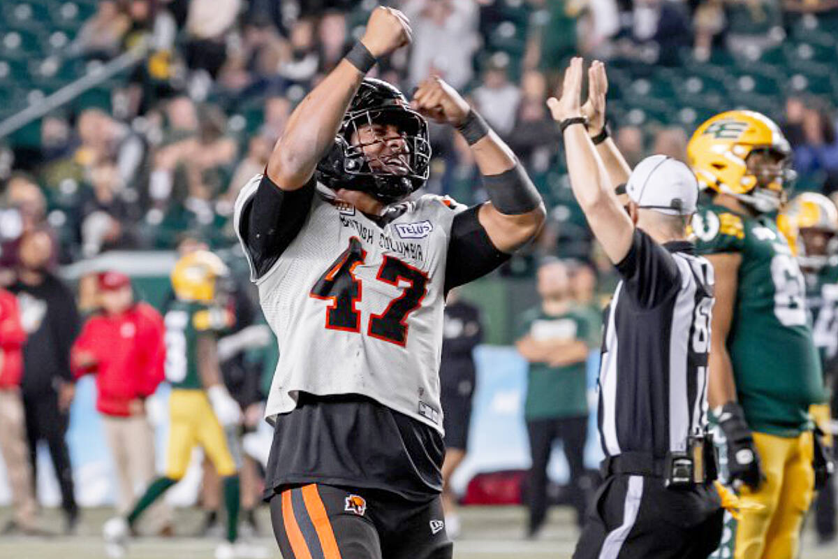 B.C. Lions defensive end Sione Teuhema celebrates a sack during the Lions 37-29 win over the Edmonton Elks at Commonwealth Stadium in Edmonton on Friday. (Steven Chang, B.C. Lions photo)