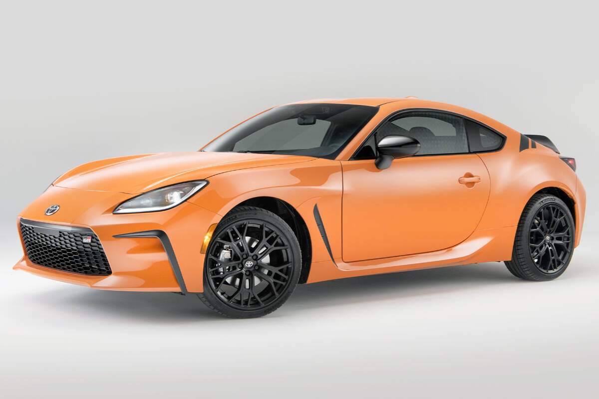 The orange 10th Anniversary Special Edition GR86 has dual exhaust outlets, exterior stripes, 18-inch forged alloy wheels and leather-trimmed seats with faux suede inserts. PHOTO: TOYOTA