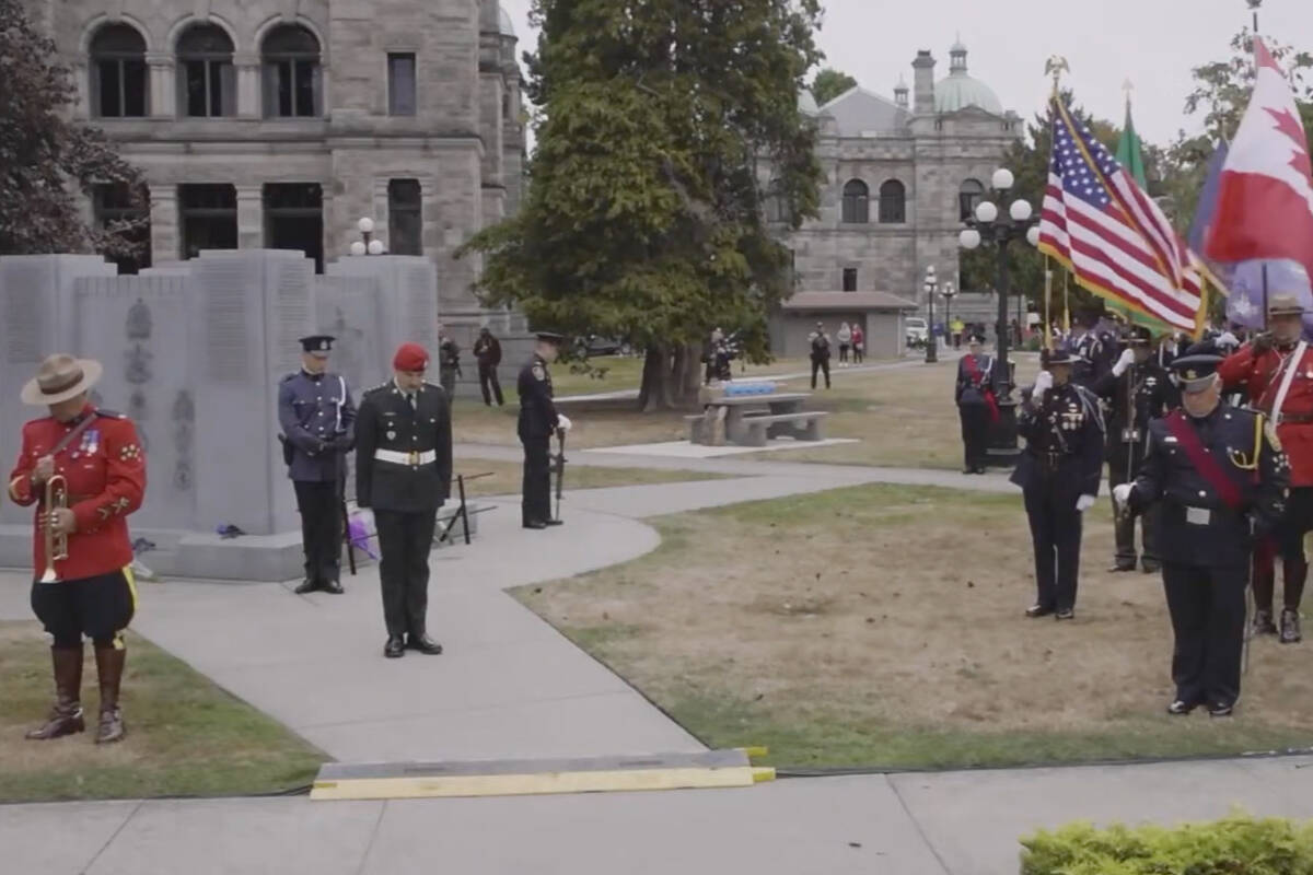 Officers marched the streets of Victoria to gather for the ceremony Sept. 24 at the monument behind the B.C. legislature, 501 Belleville St. (B.C. Law Enforcement Memorial Service screenshot)