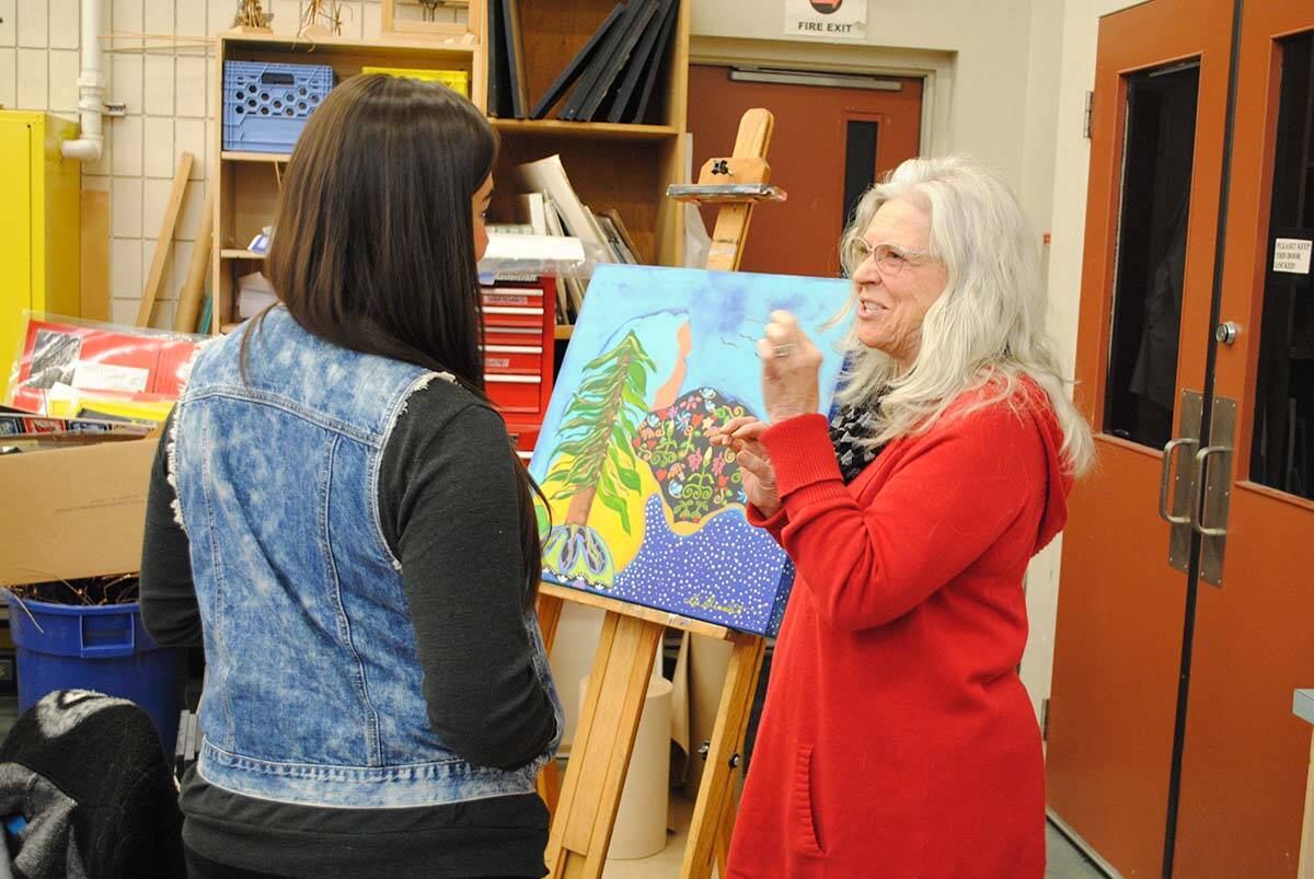 Mohawk artist Lee Claremont presents to the Indigenous Art Studio class at Mount Boucherie Secondary School. (Photo courtesy of Jim Elwood)