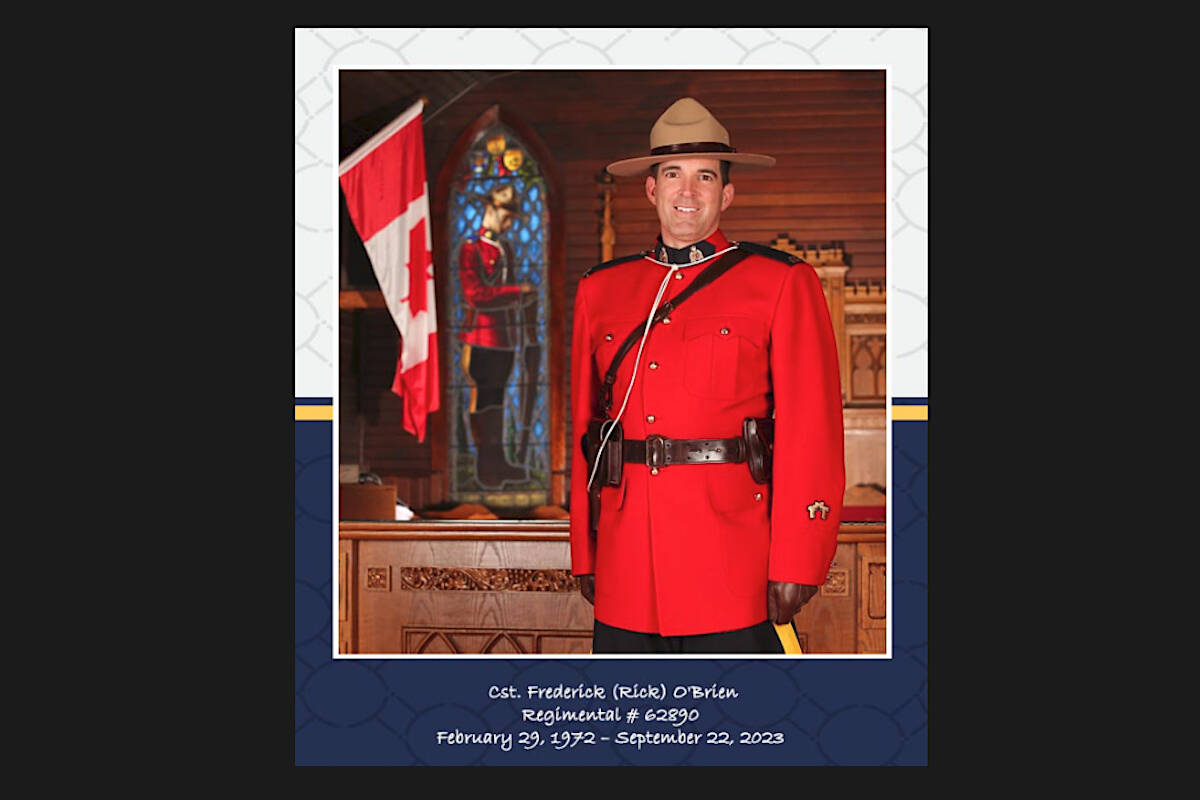 At Langley Township council’s Monday afternoon, Sept. 25, meeting, a fellow officer turned councillor, Barb Martens, was to deliver a tribute, followed by a moment of silence for Const. Rick O’Brien, 51, who died Sept. 22, after he was shot during a Coquitlam confrontation.(RCMP)
