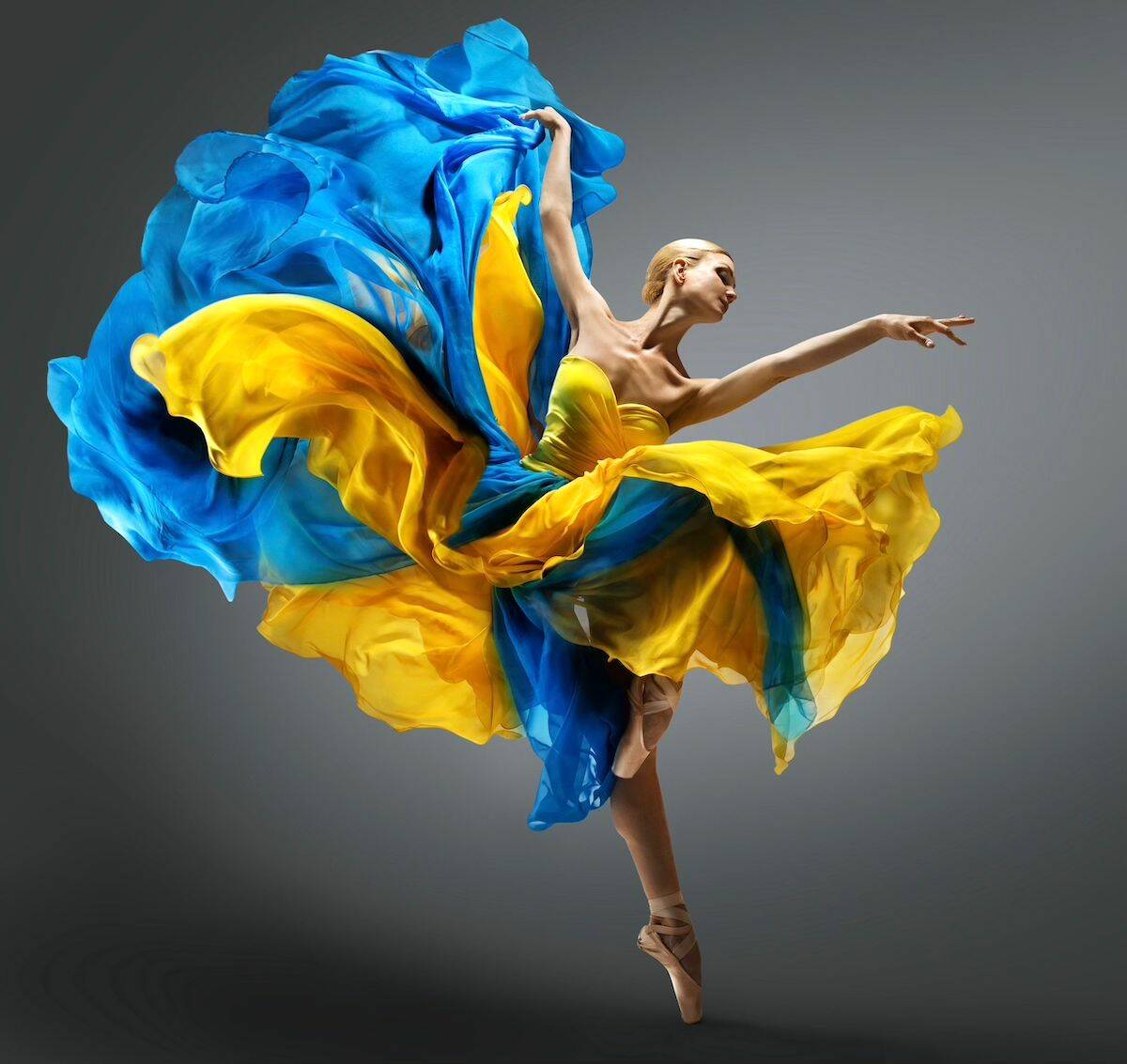 Colours of the Ukrainian flag are worn by a dancer with the National Ballet of Ukraine, to perform at a Vancouver theatre in February 2024 on a tour of Canada. (Contributed photo)