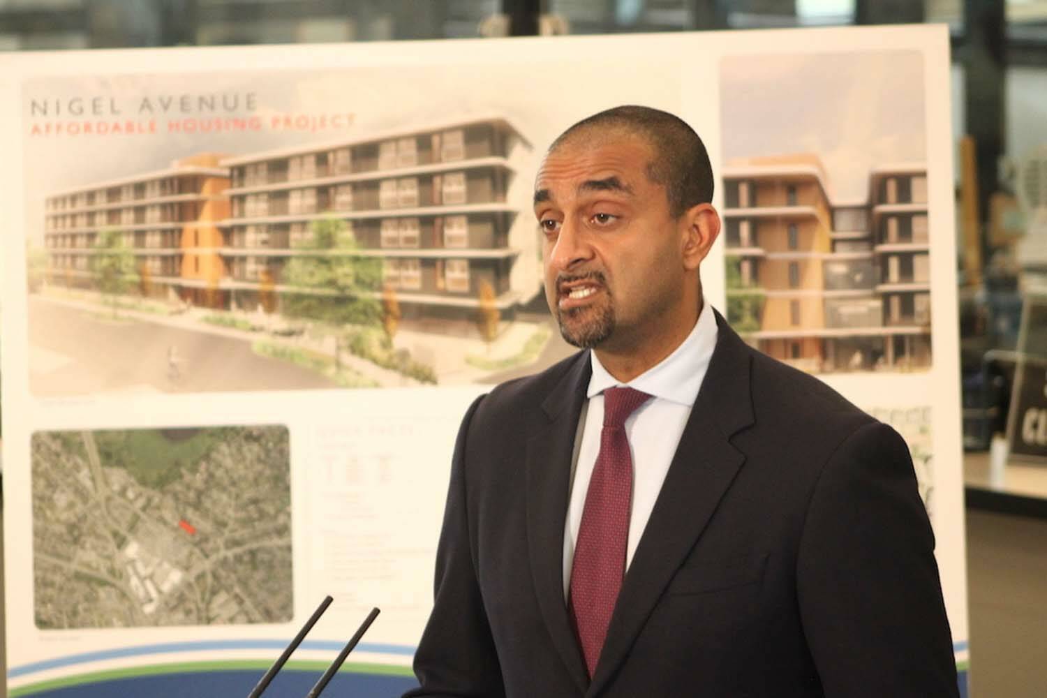 Housing Minister Ravi Kahlon Tuesdayu announced new housing targets for 10 municipalities including Saanich in Greater Victoria where he made the announcement. They call for just over 60,000 new units within five years. (Jake Romphf/News Staff)