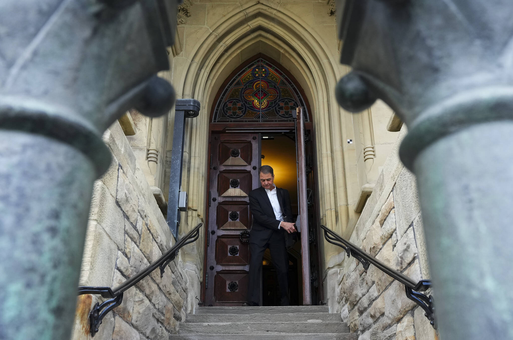 Anthony Rota leaves the speakers entrance of West Block after announcing his resignation as Speaker of House of Commons on Parliament Hill in Ottawa on Tuesday, Sept. 26, 2023. THE CANADIAN PRESS/Sean Kilpatrick