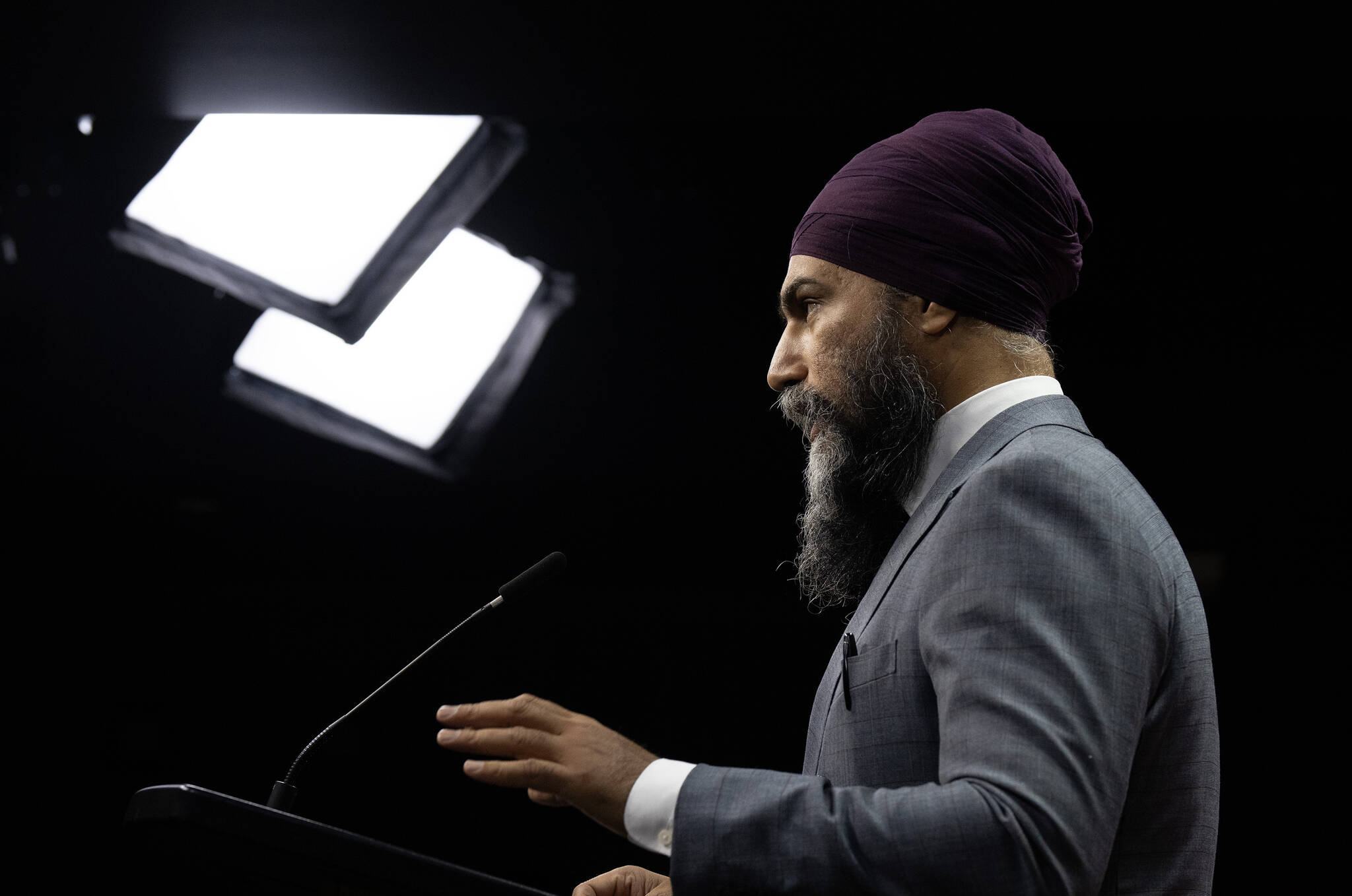 New Democratic Party leader Jagmeet Singh responds to a question during a news conference on Parliament Hill, Tuesday, September 26, 2023 in Ottawa. THE CANADIAN PRESS/Adrian Wyld