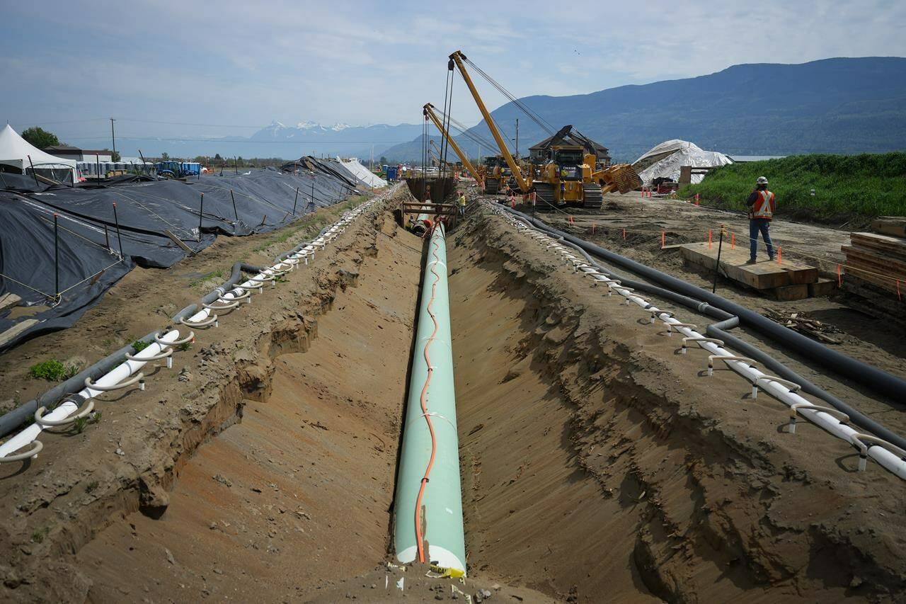 Workers lay pipe during construction of the Trans Mountain pipeline expansion on farmland, in Abbotsford, B.C., on Wednesday, May 3, 2023. THE CANADIAN PRESS/Darryl Dyck