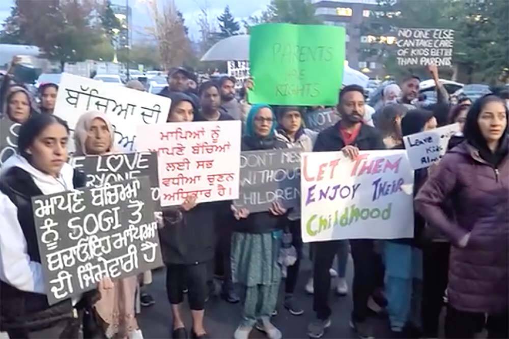 An anti-SOGI protest was held outside of the Abbotsford school district administration office during the public board of education meeting on Tuesday night (Sept. 26). (Screengrab from video)