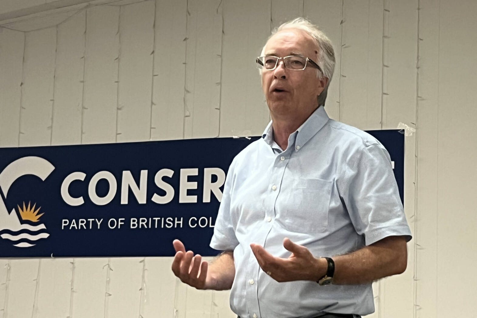 Conservative Party of BC leader John Rustad, here seen in Vernon, is pleased by a new poll that shows that his party nearly tied with BC United. (Black Press Media file photo)
