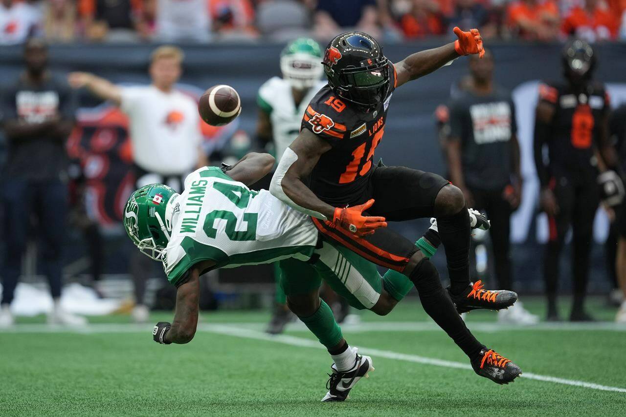 <div>The last time the B.C. Lions took on the Saskatchewan Roughriders, they were denied a comeback win. B.C. Lions’ Dominique Rhymes (19) fails to make the reception as he’s hit by Saskatchewan Roughriders’ Deontai Williams (24) during the first half of a CFL football game, in Vancouver, B.C., Saturday, July 22, 2023. THE CANADIAN PRESS/Darryl Dyck</div>