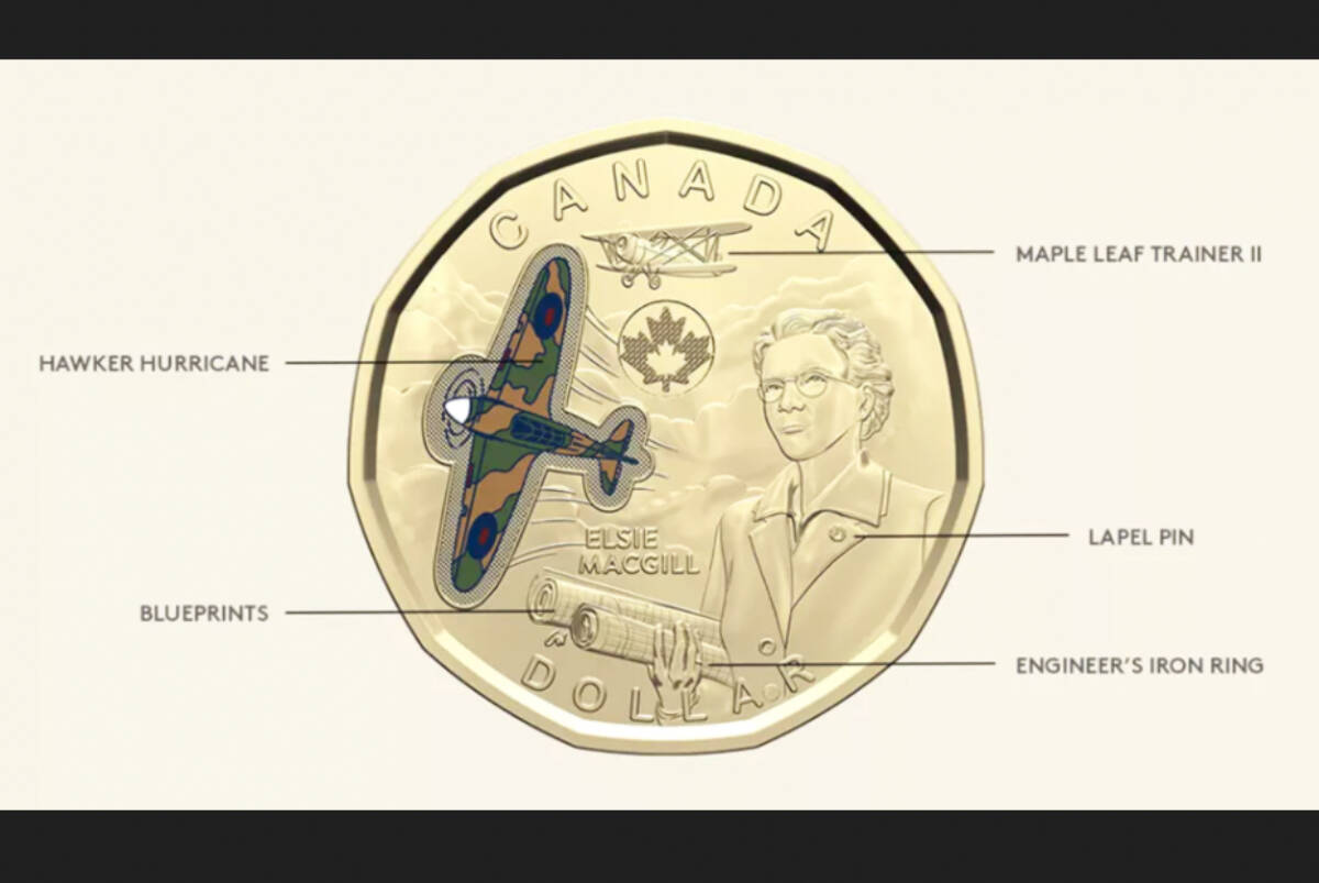 Claire Watson’s winning design shows Canadian icon Elsie MacGill holding blueprints with a Maple Leaf Trainer II and Hawker Hurricane fighter plane. (Royal Canadian Mint image)