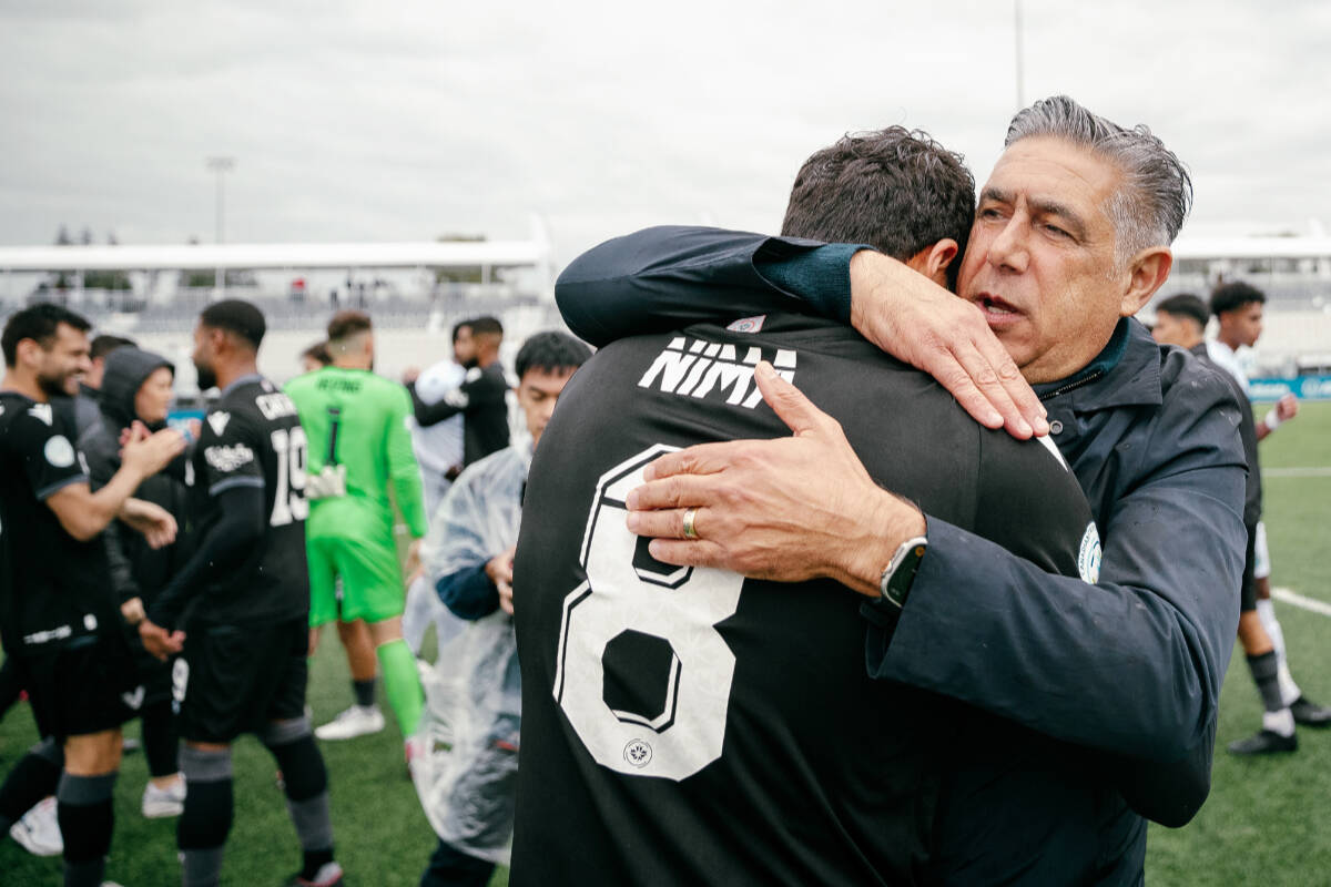 Head Coach Afshin Ghotbi congratulated his players after Vancouver FC beat the Halifax Wanderers last weekend, 2-1. (Beau Chevalier, VFC/Special to Langley Advance Times)