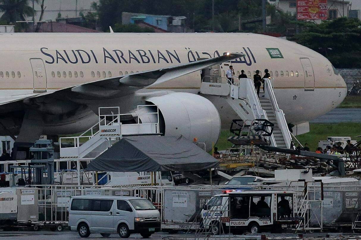 A Saudi Arabian Airlines plane Flight SV872 from Jeddah is shown at an isolated area at Manila’s International Airport in Pasay, south of Manila, Philippines on Tuesday, Sept. 20, 2016. Saudia, formerly known as Saudi Arabian Airlines, is resuming flights to Toronto in December, after five years of no direct connections with Canada since a 2018 spat over the Liberals’ loud condemnation of the kingdom’s human-rights record. THE CANADIAN PRESS/AP-Aaron Favila