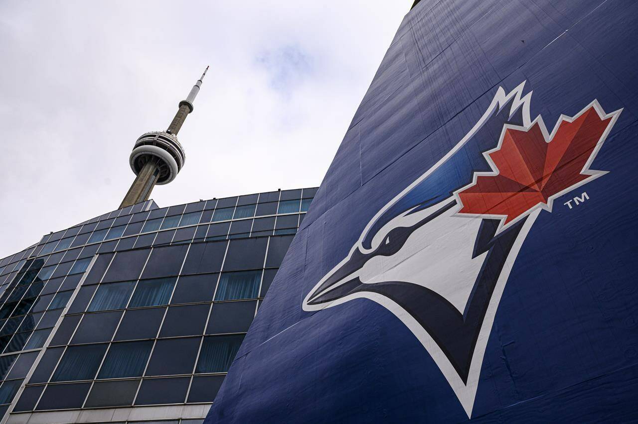 The Blue Jays logo is pictured ahead of MLB baseball action in Toronto on Wednesday, April 27, 2022. Sgt. Chantal Larocque, who is an officer with the Anishinabek Police Service, sang the national anthem on Saturday as part of the Major League Baseball team’s ceremony for National Truth and Reconciliation Day. THE CANADIAN PRESS/Christopher Katsarov