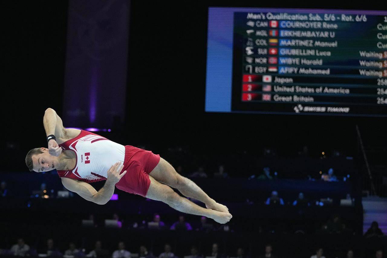 Canada’s Rene Cournoyer competes on the floor exercise during Men’s Qualifications at the Artistic Gymnastics World Championships in Antwerp, Belgium, Sunday, Oct.1, 2023. THE CANADIAN PRESS/AP-Virginia Mayo
