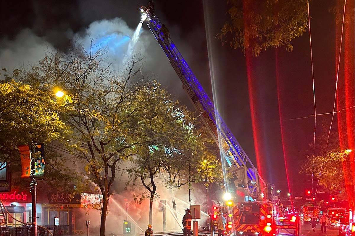 A fire that broke out around 10 p.m. on Oct. 1 near the intersection of East Boulevard and 41st Avenue destroyed four Kerrisdale businesses. (Vancouver Fire Chief Karen Fry/Twitter)