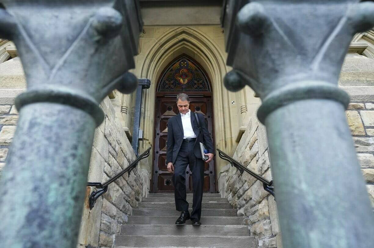 Anthony Rota leaves the speakers entrance of West Block after announcing his resignation as Speaker of House of Commons on Parliament Hill in Ottawa on Tuesday, Sept. 26, 2023. THE CANADIAN PRESS/Sean Kilpatrick